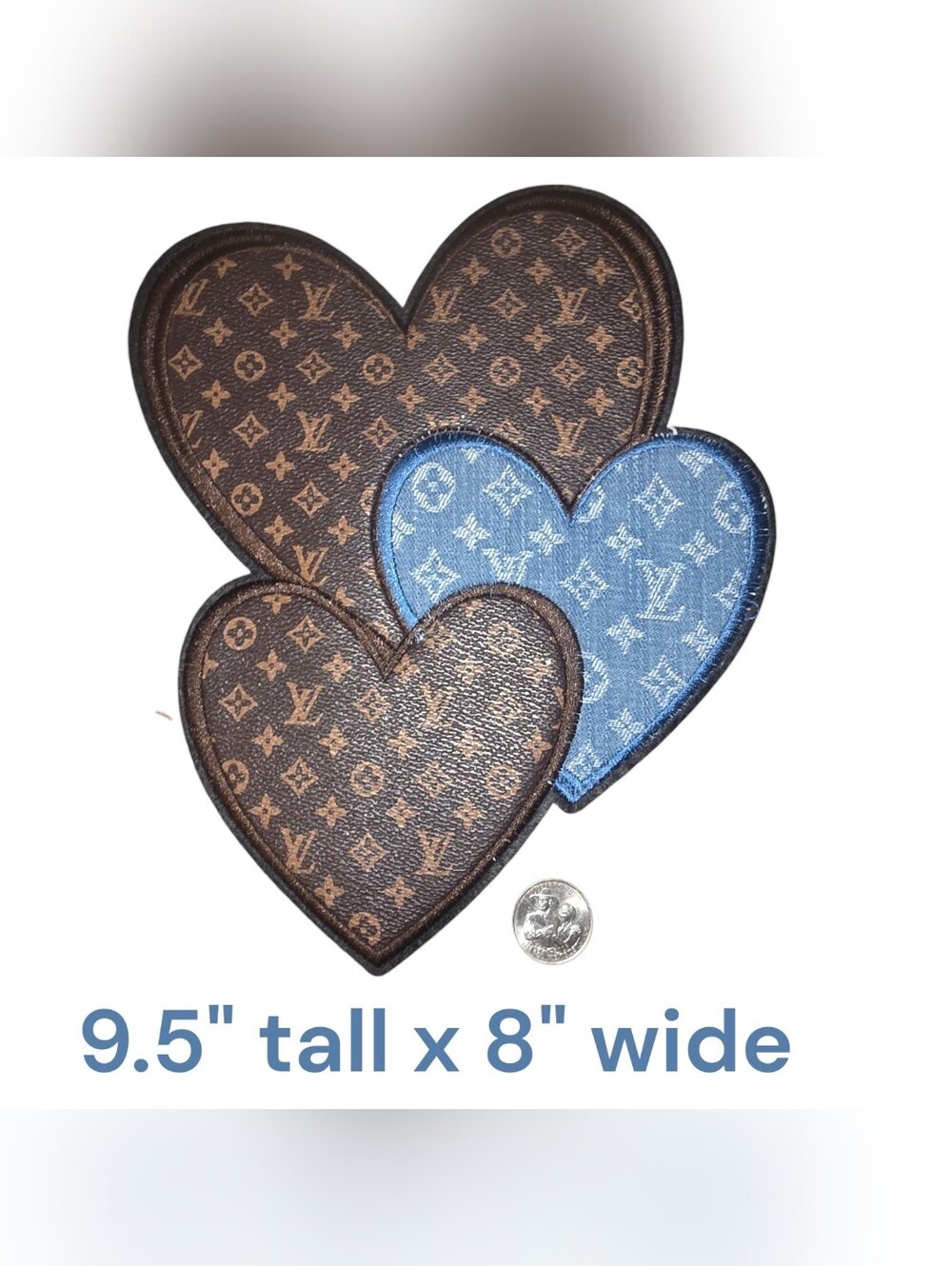 Large Luxury Brown Leather & Denim Hearts Applique Iron On Patch 9.5" x 8"